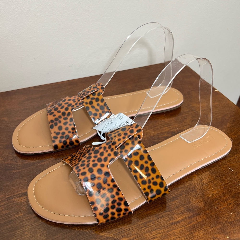 NWT J. Crew brown black animal print faux leather slides sandals size 10